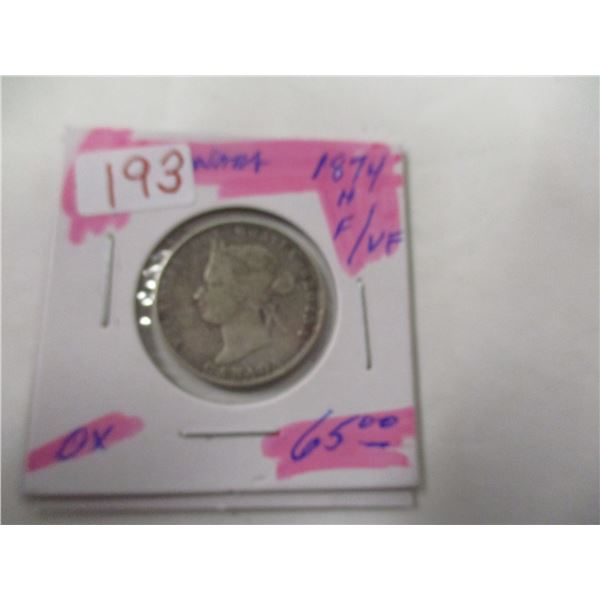 1874 H F/VF CANADA VICTORIAN QUARTER