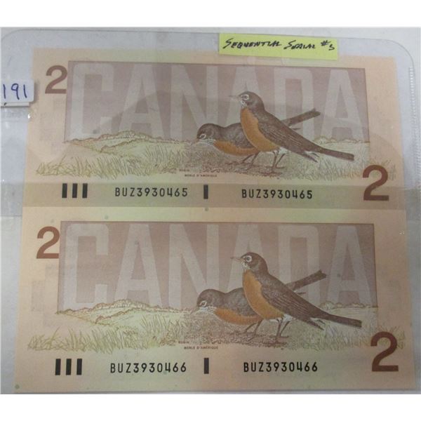 1986 BIRD SERIIES SEQUENTIAL SERIAL NUMBER CANADA $2 BILLS