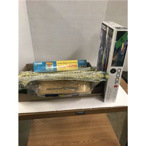 BOX C/W PUYZZLES, VACUUM BAGS, SPONGES, ETC