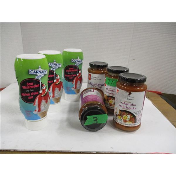 SHELF PULLS (AS IS):  WATERMELON SYRUP, SHAKSUKA SAUCE - 7 JARS