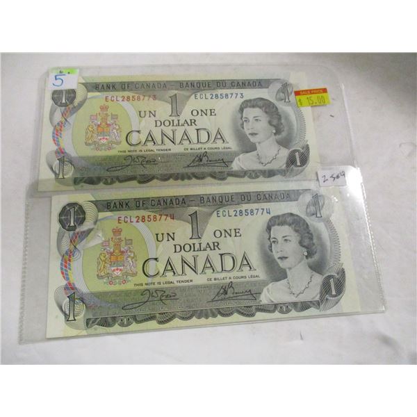 2 - 1973 BANK OF CANADA $1 BILLS WITH SEQUENTIAL SERIAL NUMBERS