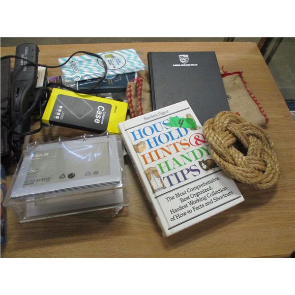 BOX C/W BOOKS, PICTURE FRAMES, CELL PHONE CASE, HAIR STRAIGHTENER, ETC