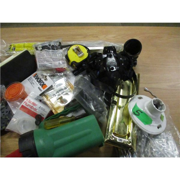 BOX C/W FLASHLITE, WIRE STRIPPERS, DOOR HARDWARE, ETC