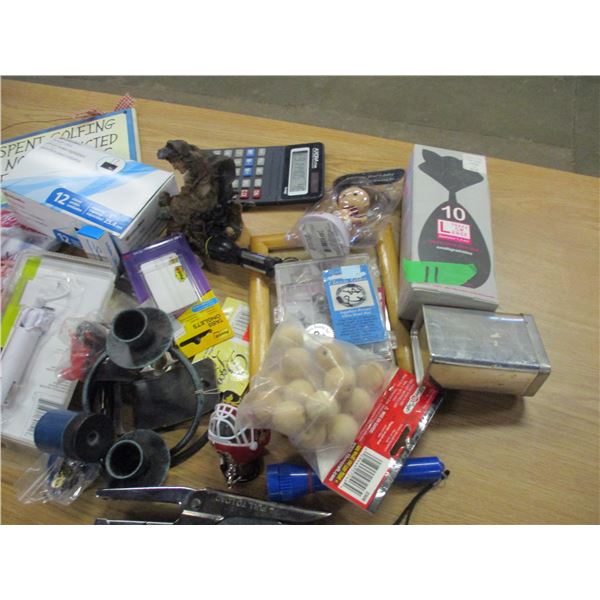 BOX C/W CANDLE HOLDERS, CALCULATOR, OFFICE SUPPLIES, ETC