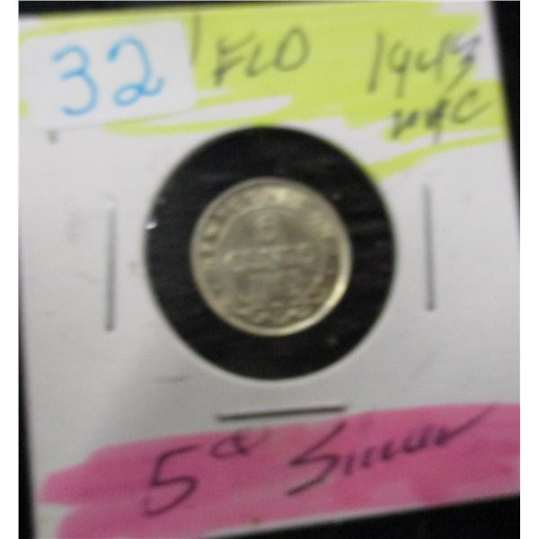 1943C UNCIRCULATED NEWFOUNDLAND SILVER FIVE CENT