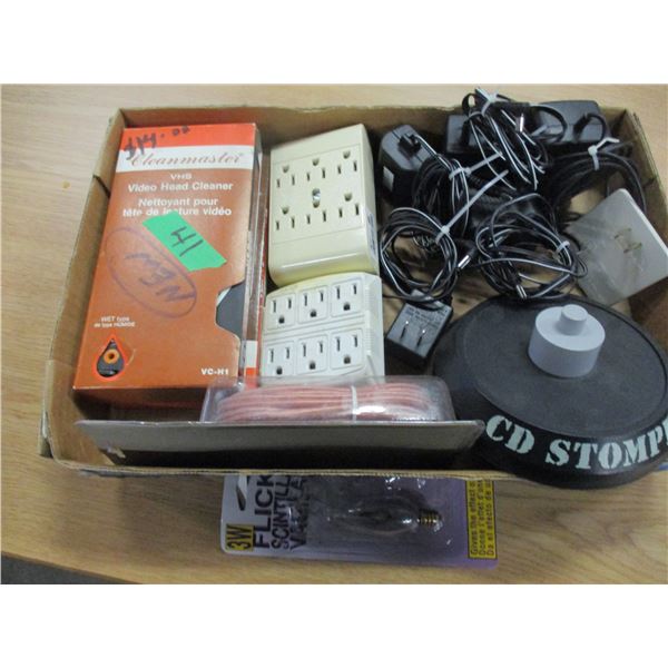 FLAT C/W VHS CLEANER, ELECTRICAL ADAPTERS, ETC