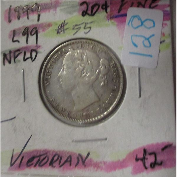 1899 VICTORIAN FINE NEWFOUNDLAND SILVER 20 CENT COIN