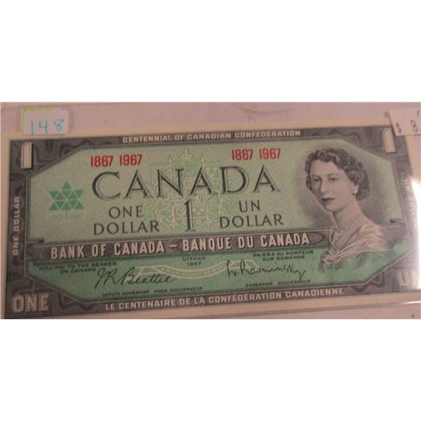 1967 UNCIRCULATED CANADA CENTENNIAL NO SERIAL NUMBER DOLLAR BILL