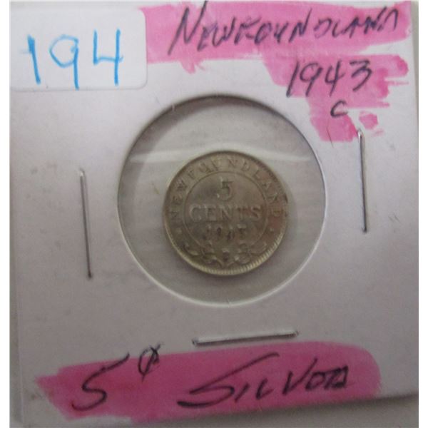 1943C NEWFOUNDLAND SILVER FIVE CENT