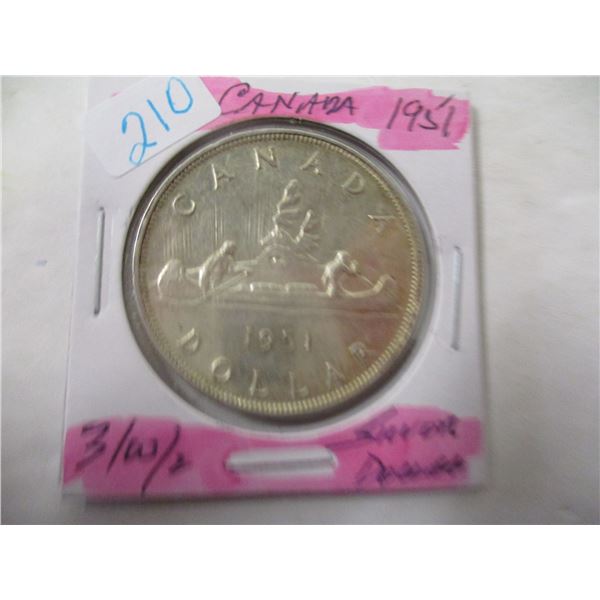 1951 (3 WATERLINE) CANADA SILVER DOLLAR