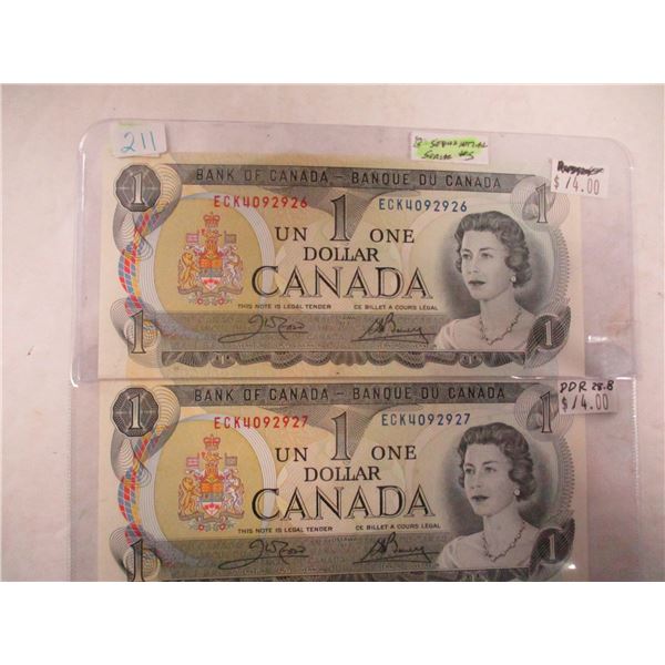2 - 1973 SEQUENTIAL SERIAL NUMBER CANADA $1 BILLS