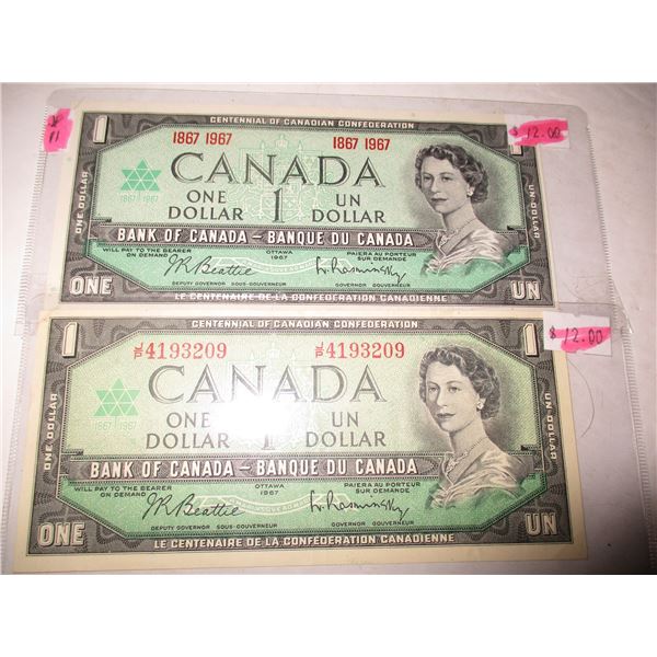 EDMONTON:  1967 SET OF CANADA $1 CENTENNIAL BILLS (NO SERIAL NUMBER & SERIAL NUMBER)