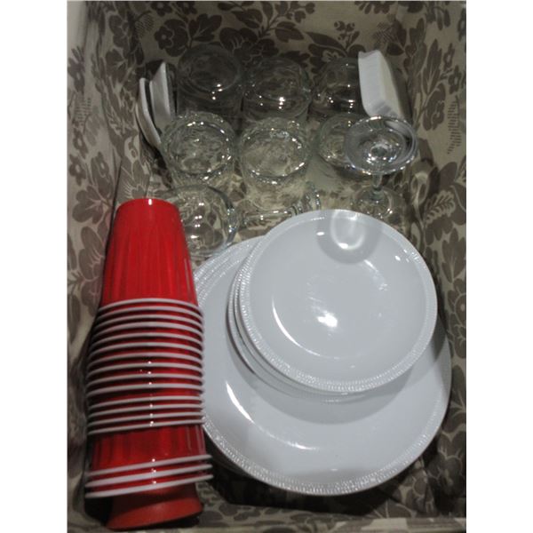 WHITE WICKER BASKET C/W ASSORTED DISHWARE