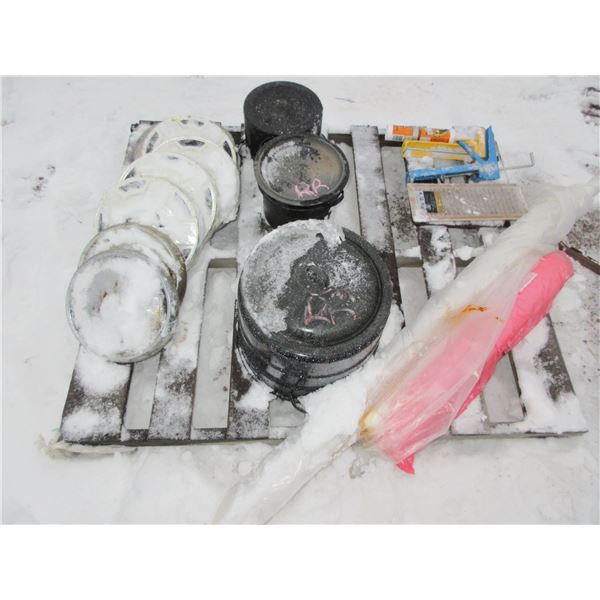 ESTATE:  PALLET C/W HUB CAPS, ENAMEL CANNER, POTS, POLY COVER, CAULKING GUNS, ETC