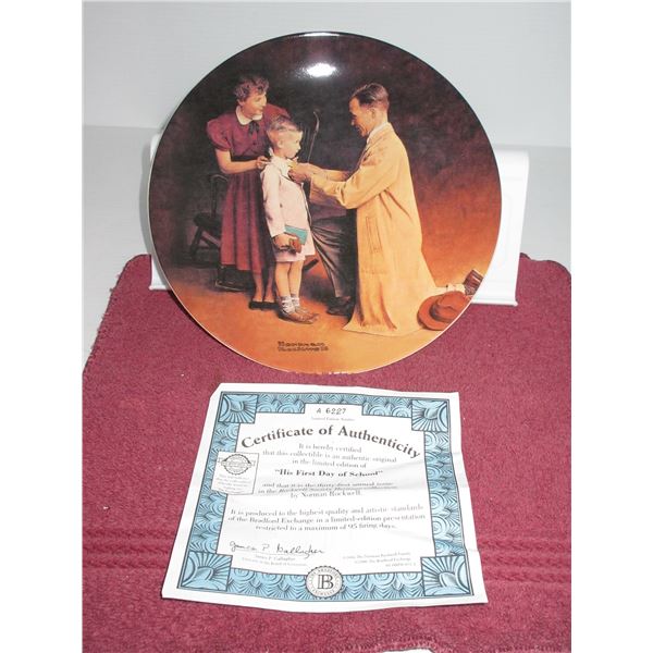 NORMAN ROCKWELL COLLECTOR PLATE "HIS FIRST DAY OF SCHOOL" C/W CERTIFICATE OF AUTHENTICITY