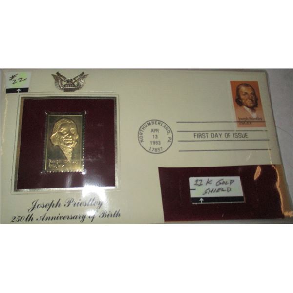 EDMONTON:  JOSEPH PRIESTLEY 250TH ANNIVERSARY FOR BIRTH 22 KT GOLD SHIELD STAMP