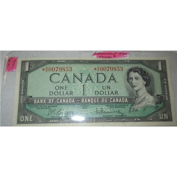 1954 REPLACEMENT STAR SERIAL NUMBER UNCIRCULATED CANADA SCARCE $1 BILL