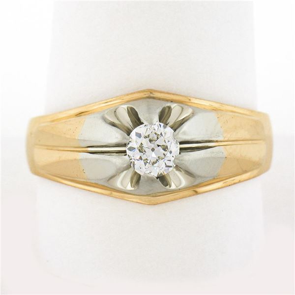 Men's Antique 18K TT Gold 0.42 ctw Old European Diamond Belcher Solitaire Ring