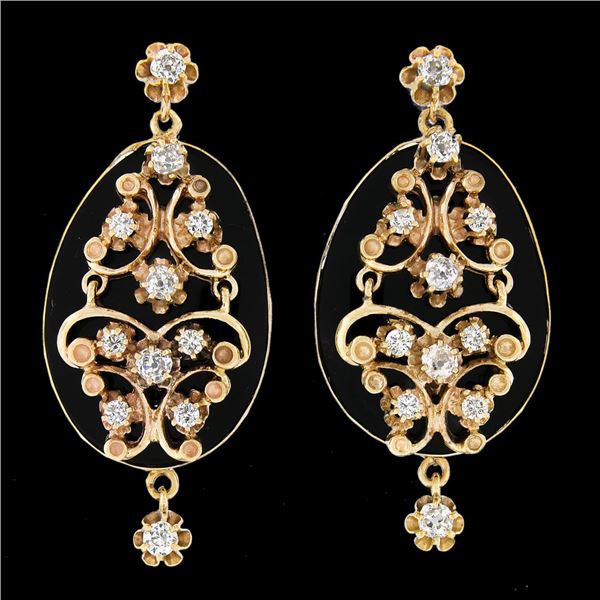 Vintage Victorian Revival 14k Gold Black Onyx w/ Diamond Ornate Dangle Earrings