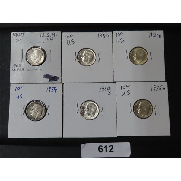 612 6 US 90% SILVER DIMES 1947D,50,50D,54,54S,55D 47D&54 XF, REST UNC