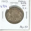 Image 1 : 1953 Small Date, No Shoulder Fold Canadian Silver 50 Cents. First issue of the new queen. AU-50. Nic