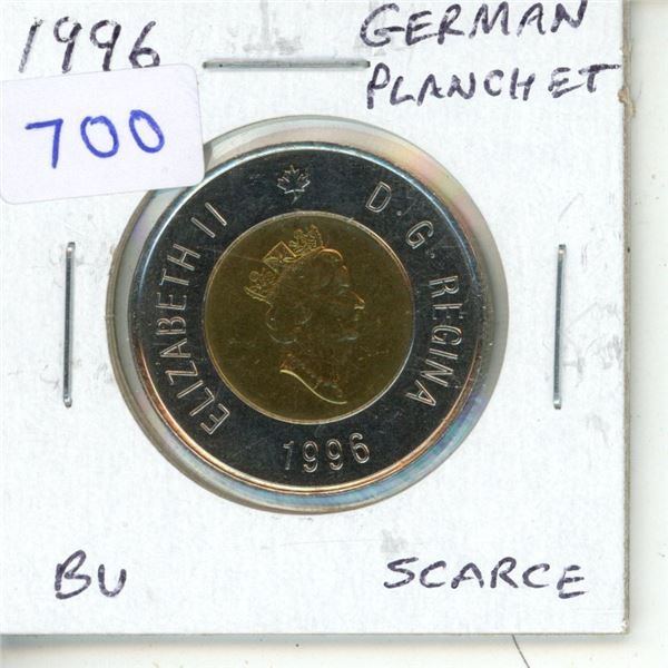 1996 German Planchet $2 Toonie. This planchet was made in Germany and differs from the Canadian plan