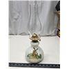 Image 1 : Milk glass oil lamp, w/ windmill & waterwheel painting on side - c/w chimney - 15"H