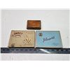 2 Vintage flat cigarette tins (Player's & Caporal) & Small wooden box w/ pen tips