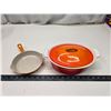 2 Vintage rare "Le Creuset" flame orange, cast iron - 6.5" skillet #16 & Casserole dish w/ lid #22 -