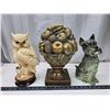 3 Large decorative figurines - Owl, Terrier dog, & Fruit basket