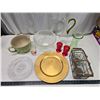 Image 1 : Bundle of household items - Platters, bowls, vases, large glass pitcher, red glass goblets, etc.
