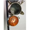Image 4 : Copper tea pot & colander, on metal w/ mirror tray