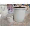 Image 4 : 8 gallon medalta crock (good condition) & 1 gallon unmarked crock (cracked)