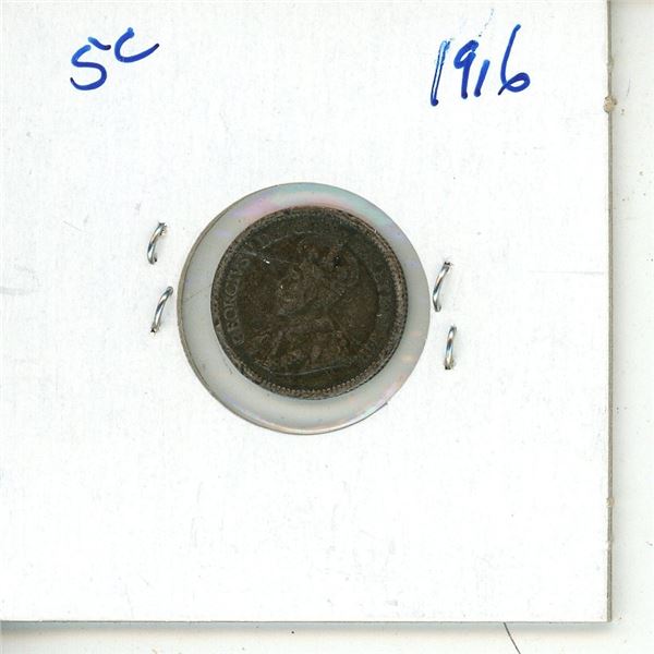 1916 CDN SILVER 5 CENT F-VF