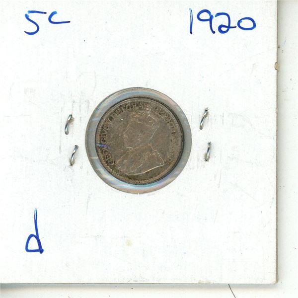 1920 CDN SILVER 5 CENT F