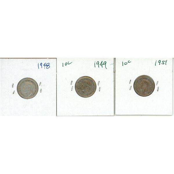 3 – CDN SILVER DIMES 1948,49,51 F-VF
