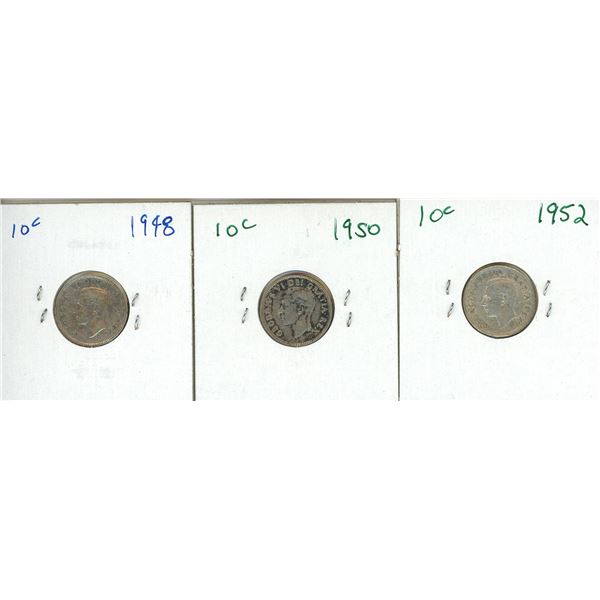 3 – CDN SILVER DIMES 1948,50,52 F-VF