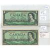 Image 1 : 2 1954 Canadian 1 Dollar Bills, Beattie/Rasminsky; 1 is Replacement Bill