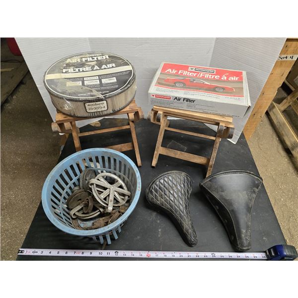 Assorted items - Mini folding stools, bicycle seats, pulley's, etc.
