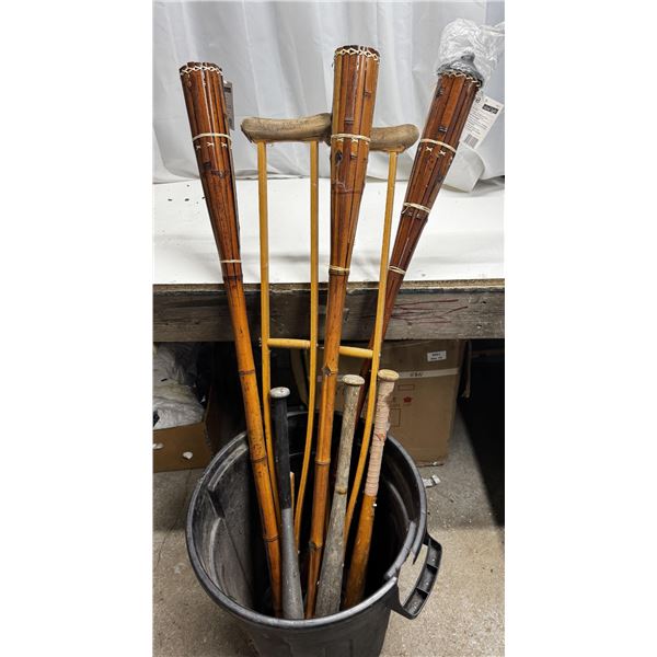 Lot of 3 Island lights, 3 Baseball bats and Pair of Wooden Crutches.