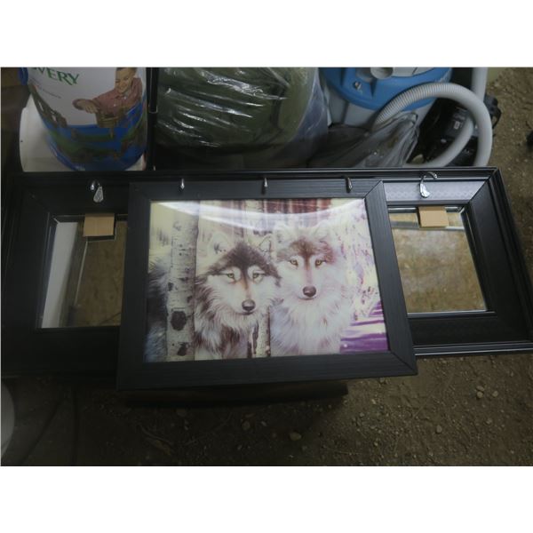 framed mirror with hangers and 3d wolf picture