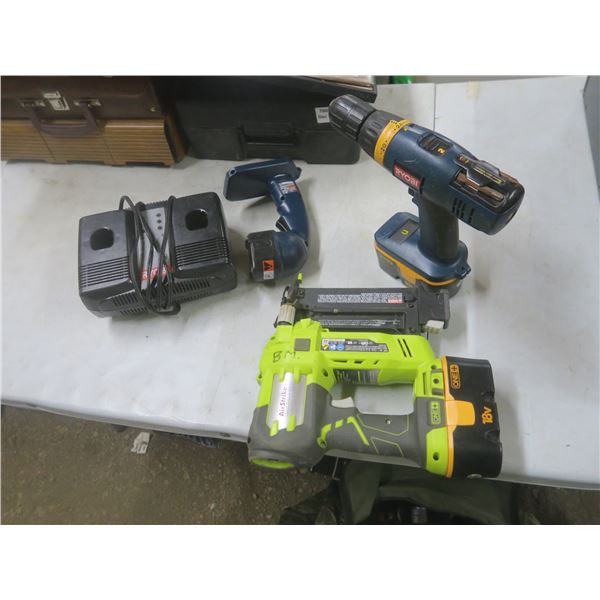 Ryobi tools in bag with 2 chargers and 3 batteries