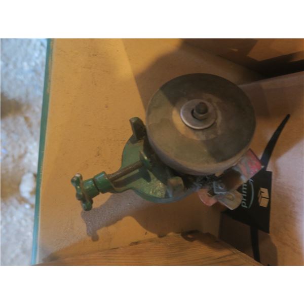 vintage grinding wheel, wrenches