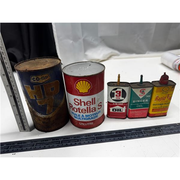 Empty Co-op HD7, SHELL Rotella's, 3EN 1, Singer Sewing Machine and Rapid Tap Tins.