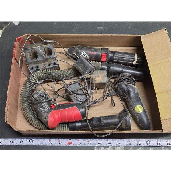 Box of assorted tools - cordless screwdrivers, shaver, etc.