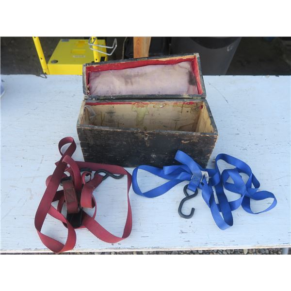 wooden toolbox with two ratchet straps