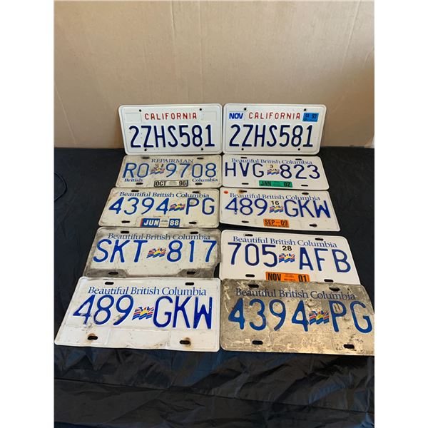 Lot of 10 License Plates - 2 California - 8 BC