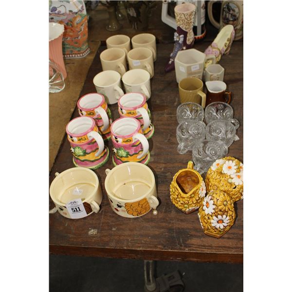 Floral Table Set, Asst. Mugs, Pressed Glass, Shoe Vases