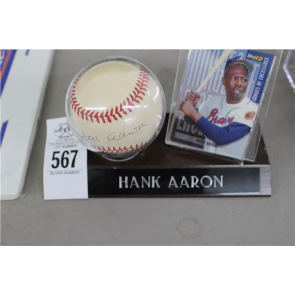Hank Aaron Autographed Baseball and Trading Card Plaque