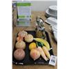 Image 1 : Porcelain Mud Man, Art Glass Fruit and Vegetables